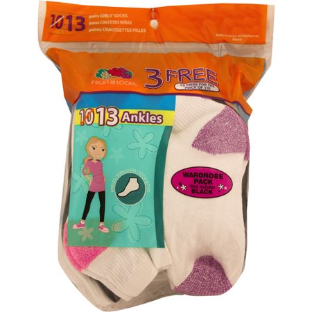 Fruit Of The Loom Girls 13 Pack Ankle Socks, M, Assorted 2