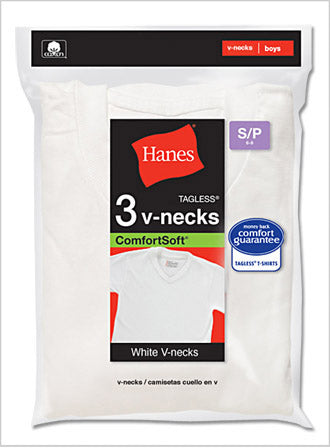 Hanes Boy's Red Label White V-Neck T-shirts 3-Pack