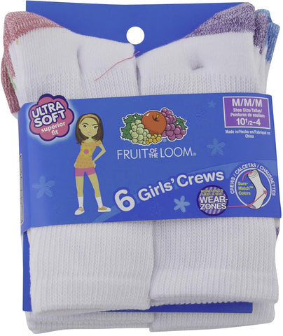 Fruit of the Loom Girl`s Everyday Basic 6 Pack Athletic Crew Socks