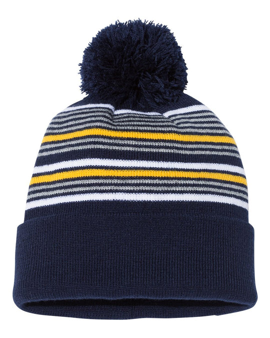 Sportsman 12 Striped Pom-Pom Knit Beanie, One Size, Royal/White/Grey