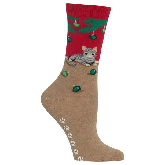 Hot Sox Womens Christmas Cat Non Skid Crew Socks