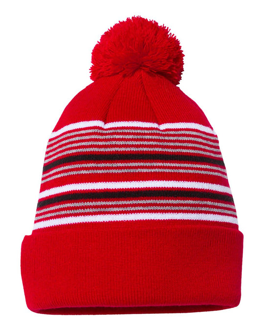 Sportsman 12 Striped Pom-Pom Knit Beanie, One Size, Royal/White/Grey
