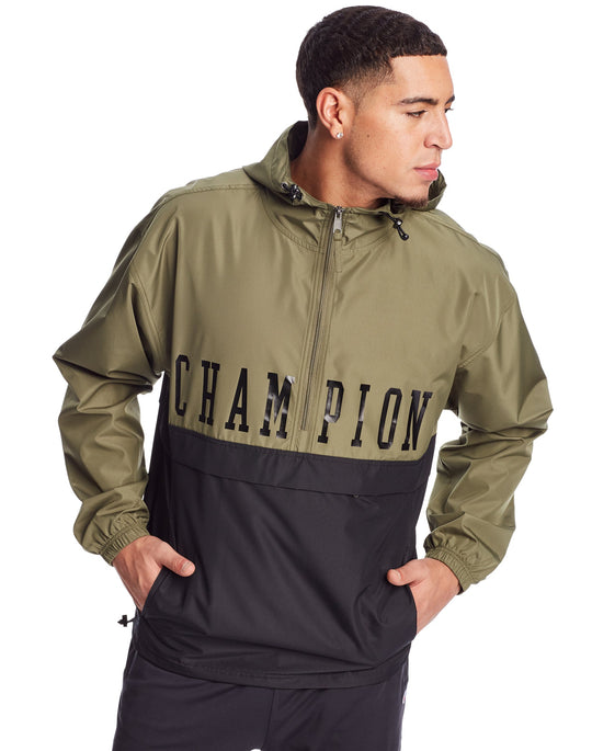 Champion Mens Colorblocked Packable Jacket, L, Cargo Olive/Black