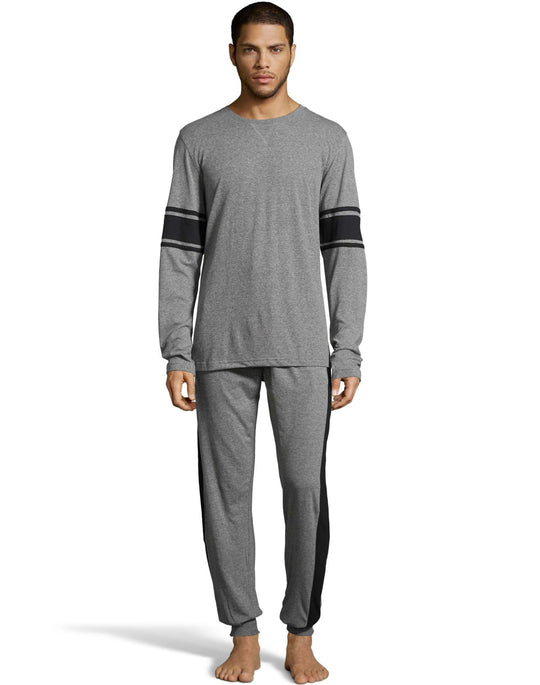Hanes Mens 1901 Heritage Striped Sleeve Crewneck and Jogger Pant Lounge Set