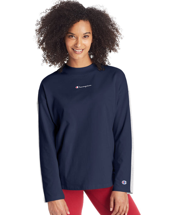 Champion Womens Campus Long-Sleeve Mock Neck, L, Athletic Navy
