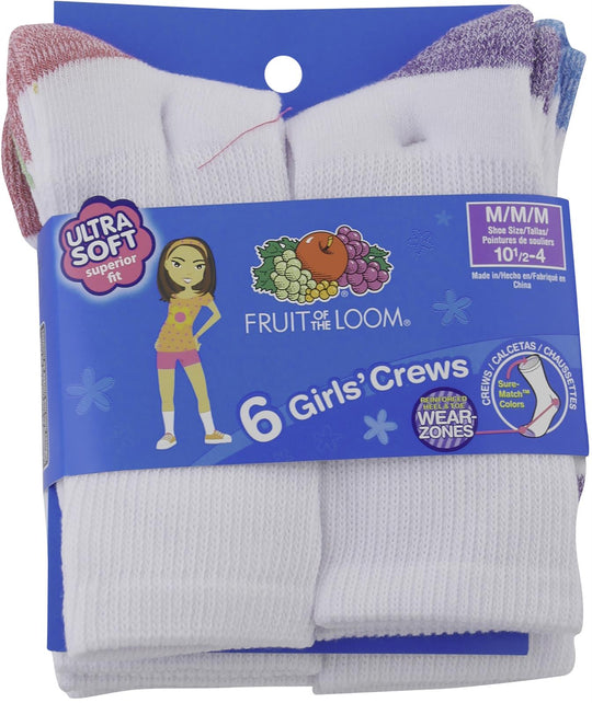 Fruit of the Loom Girls Everyday Basic 6 Pack Athletic Crew Socks