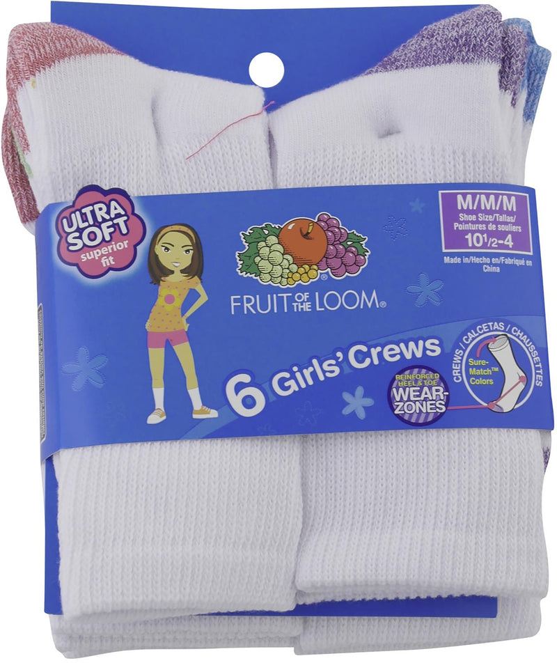 FTL-C5000A6-K1 - Fruit of the Loom Girls Everyday Basic 6 Pack Athletic  Crew Socks
