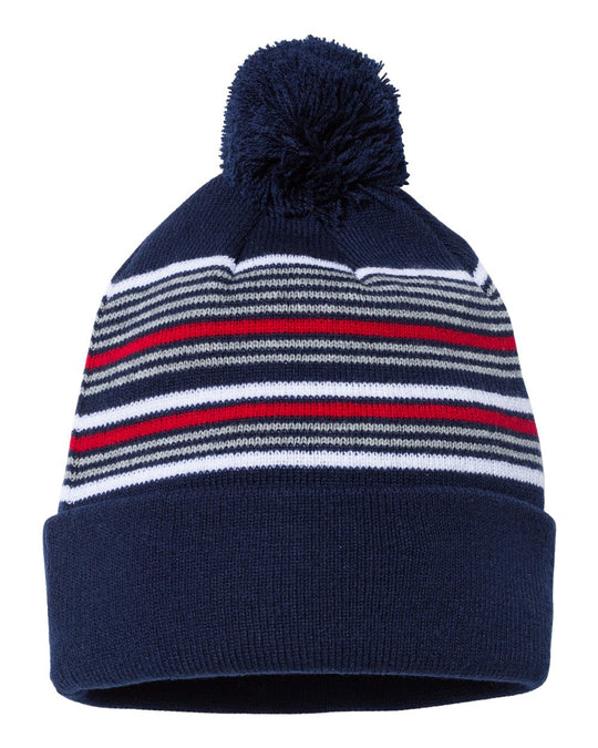 Sportsman 12 Striped Pom-Pom Knit Beanie, One Size, Royal/White/Grey