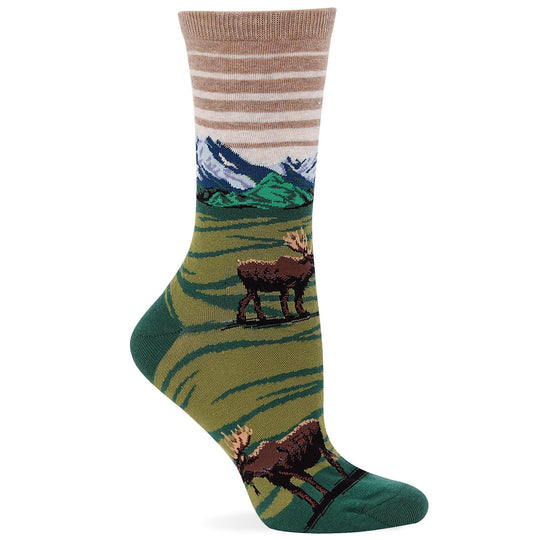 Hot Sox Womens Wild Moose Mountain Scene Crew Socks