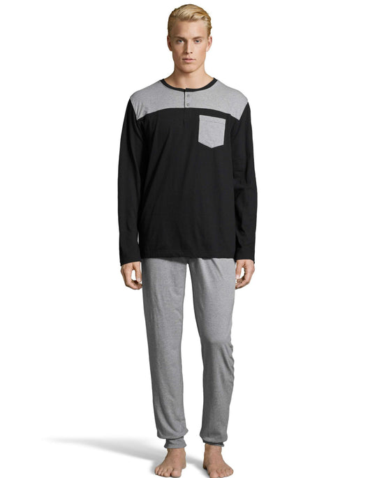 Hanes Mens 1901 Heritage Henley with front and back Yolk and Jogger Pant Set