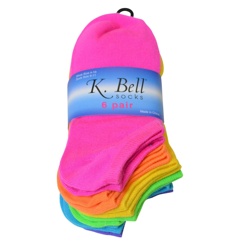 K. Bell Womens 6 Pair Pack Neon No Show Socks