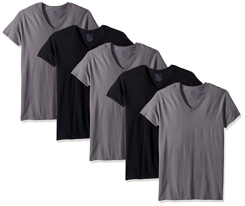 Fruit Of The Loom Mens Black/Grey Cotton V Neck T-Shirts - 5 Pack