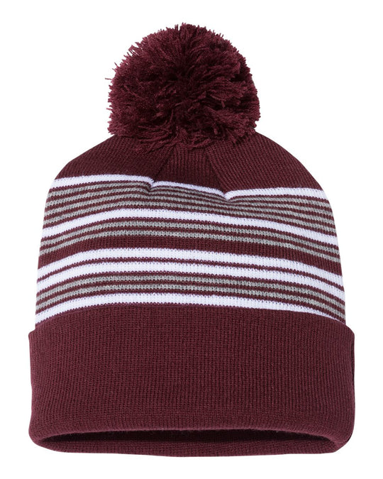 Sportsman 12 Striped Pom-Pom Knit Beanie, One Size, Royal/White/Grey