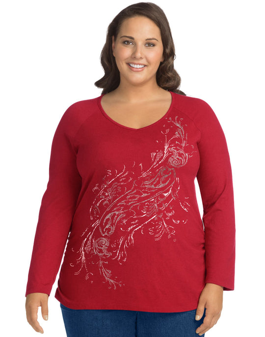 Just My Size Womens Long Sleeve Side Shirred Graphic Tee