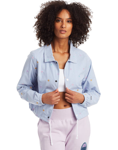 Champion Life Womens Seersucker Cropped Coaches Jacket, L, Frontier Blue