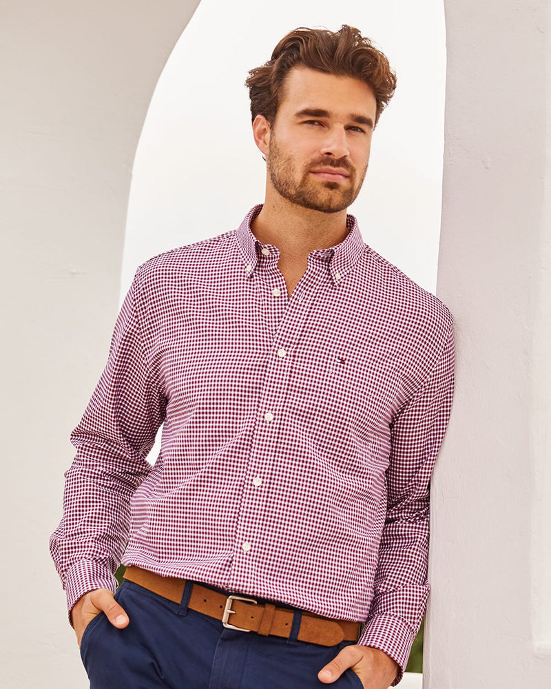 Tommy Hilfiger Mens 100s Two Ply Gingham Shirt 13H1863, XL, Red/Navy
