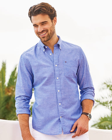 Tommy Hilfiger Mens Cotton Linen Long Sleeve Shirt - 13H1910, XL, Placid Blue