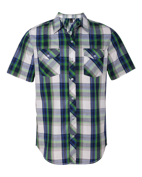 Burnside Short Sleeve Plaid Shirt, XL, Navy