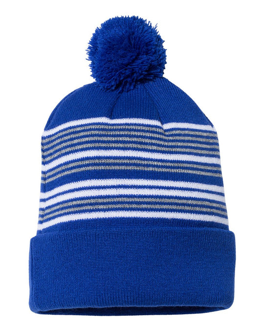 Sportsman 12 Striped Pom-Pom Knit Beanie, One Size, Royal/White/Grey