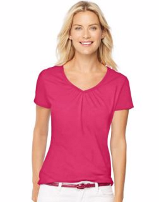 Hanes Women`s Short-Sleeve Shirred V-Neck Tee
