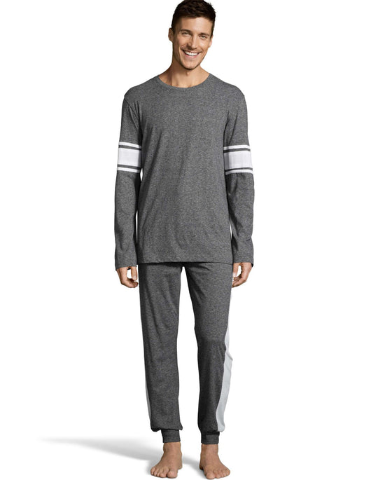 Hanes Mens 1901 Heritage Striped Sleeve Crewneck and Jogger Pant Lounge Set