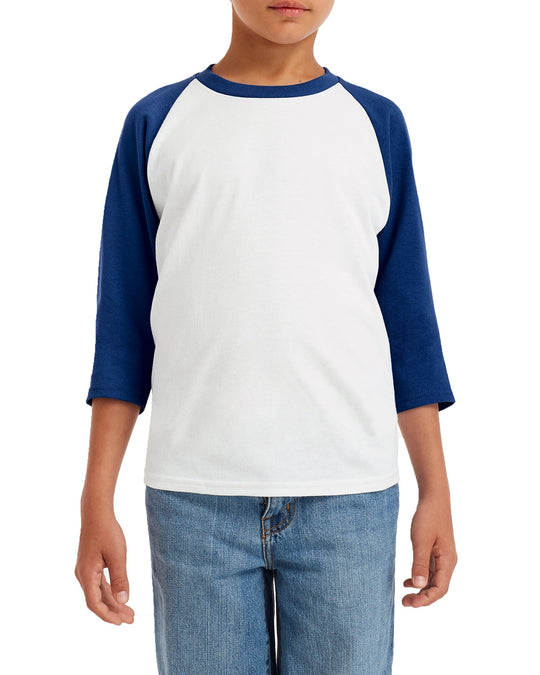 Gildanv Youth Heavy Cotton 3/4 Raglan T-Shirt, XS, White/Royal