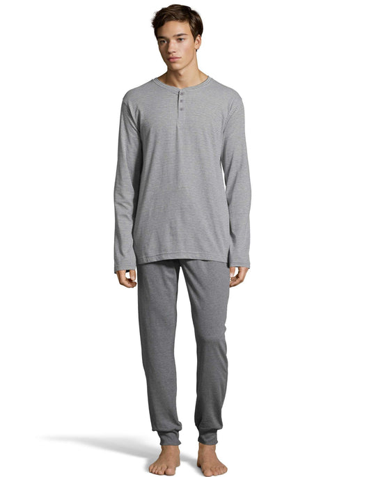 Hanes Mens 1901 Heritage Striped Henley Crewneck and Jogger Pant Lounge Set