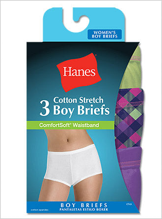 Hanes TAGLESS Cotton Stretch Women's Boy Brief Panties with ComfortSoft Waistband 3-Pack