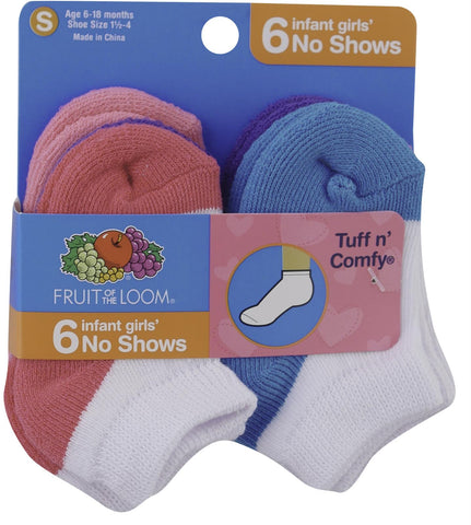 Fruit of the Loom Girl`s Infant/Toddler Core 6 Pack No Show Socks