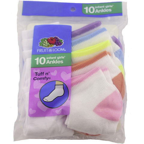 Fruit of the Loom Girl`s Infant/Toddler Flat Knit 10 Pack Ankle Socks