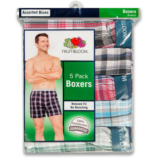 Fruit of the Loom Men`s 5pk Exposed Waistband Blues Woven Boxers