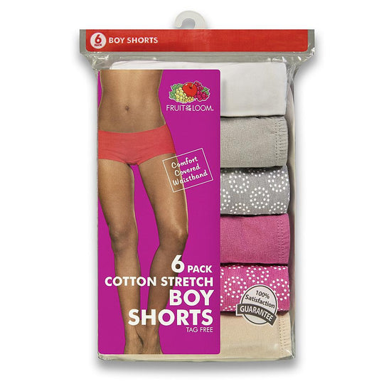 Fruit of the Loom Women`s 6-Pack Cotton Boyshort Panties