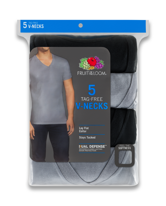 Fruit Of The Loom Mens Black/Grey Cotton V Neck T-Shirts - 5 Pack