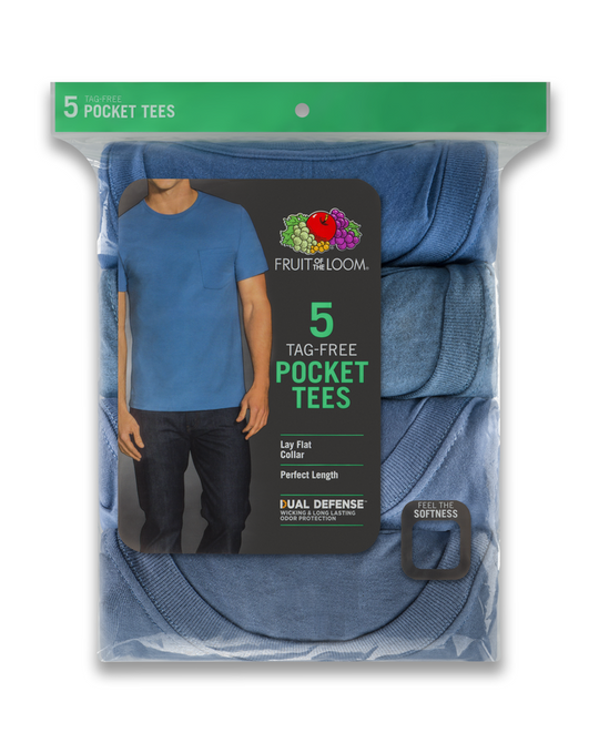 Fruit Of The Loom Mens Tonal Blues Pocket T-Shirts - 5 Pack