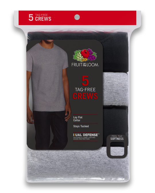 Fruit Of The Loom Mens Black/Grey Crew Neck T-Shirts - 5 Pack