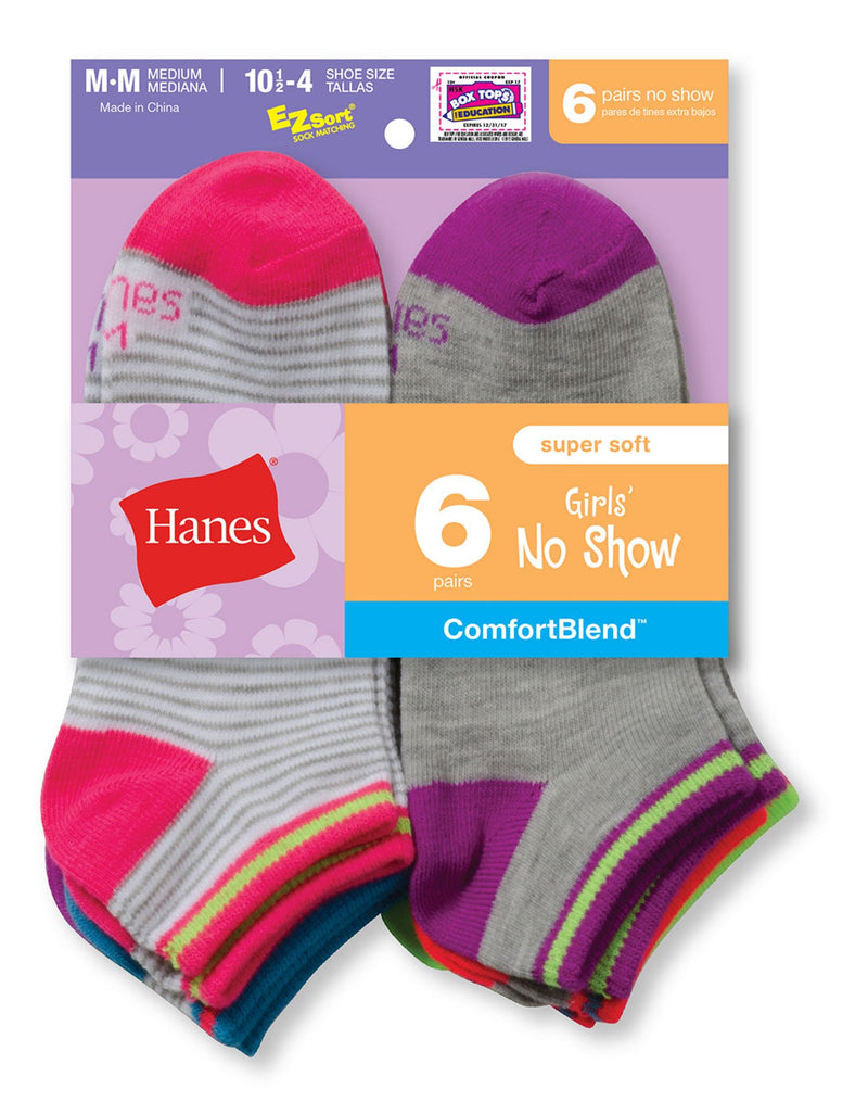 Hanes Girls` Fashion ComfortBlend No Show Socks 6-Pack