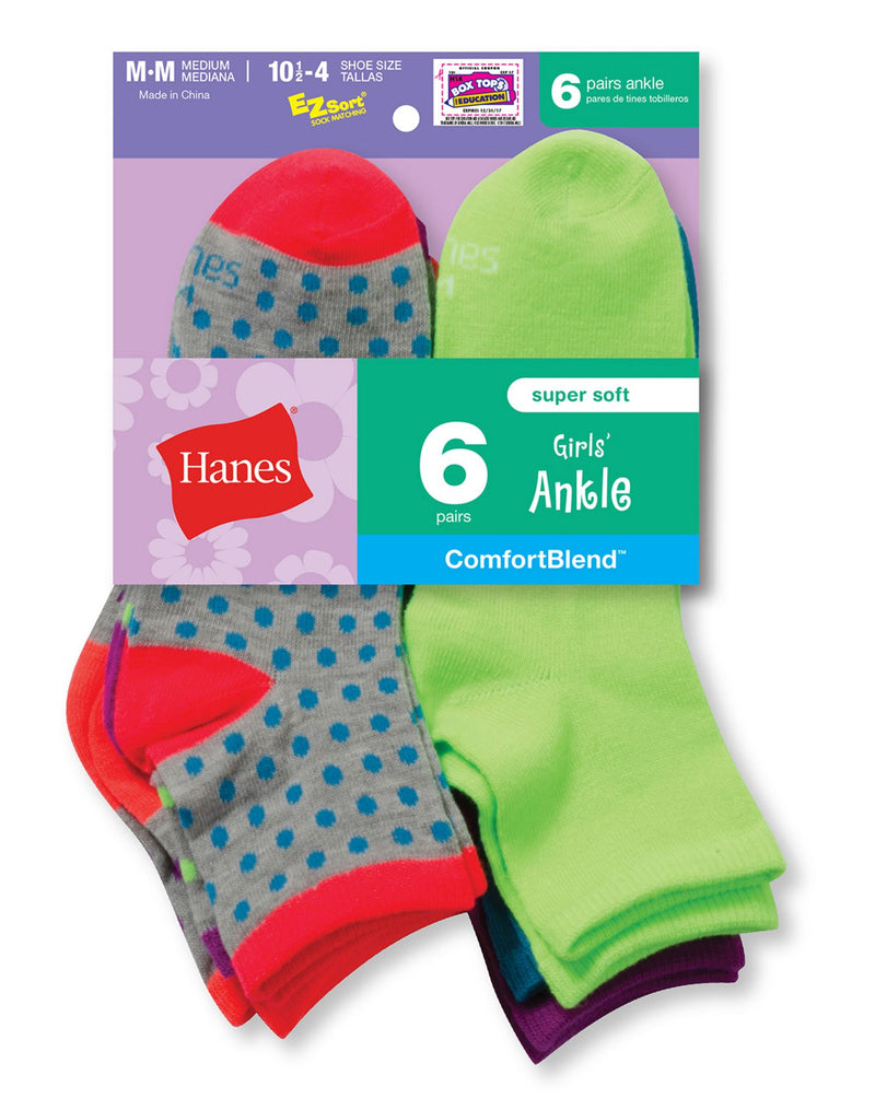 Hanes Girls` Fashion ComfortBlend Ankle Socks 6-Pack