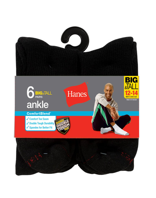 Hanes Men`s Big and Tall ComfortBlend Ankle Socks 6-Pack
