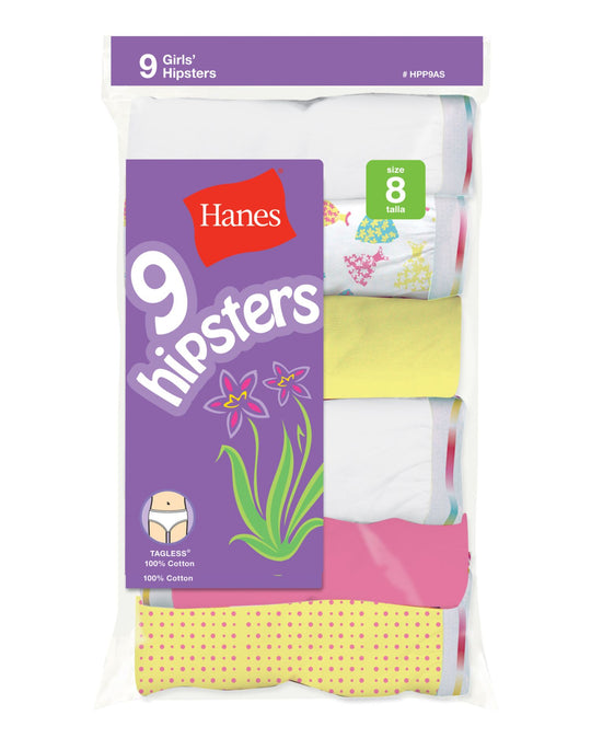 Hanes Girls' No Ride Up Cotton TAGLESS Bikinis 9 Pack