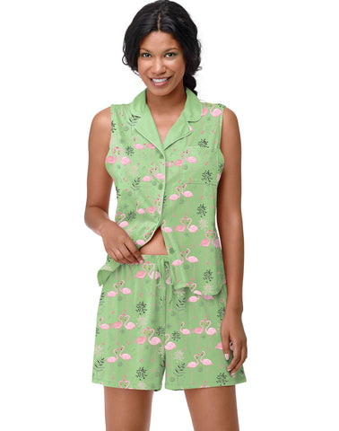 Hanes Women`s Notch-Collar & Boxer PJ Set — Flamingo Print