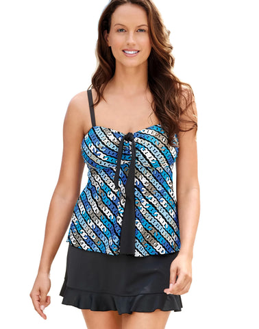 One Hanes Place Women`s Two-Piece Tie Front Pleated Bandeau With Ruffle Skirt