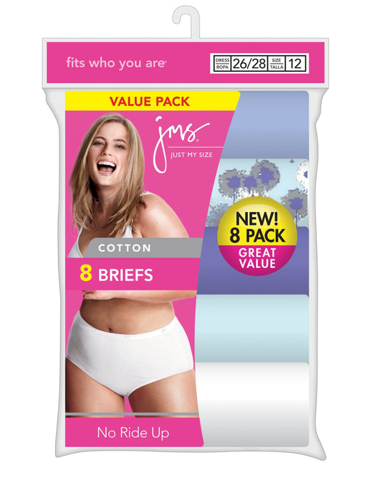 Just My Size Women`s Cotton TAGLESS Brief Panties — 8-Pack