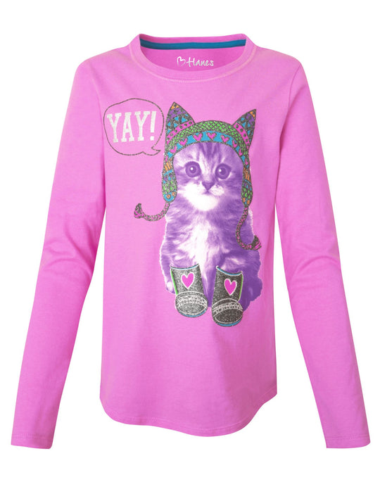 Hanes Girls V-Notch Long-Sleeve Crewneck Tee