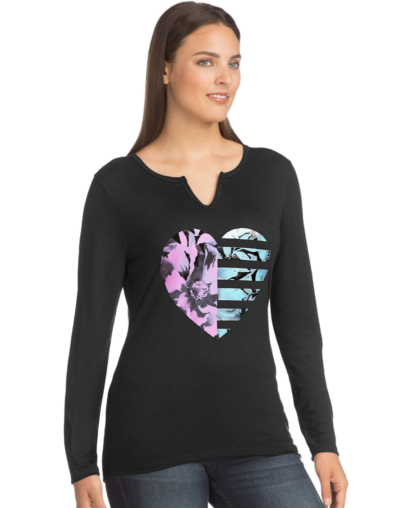 Hanes Women`s Graphic Long-Sleeve Split Neck Graphic Tee