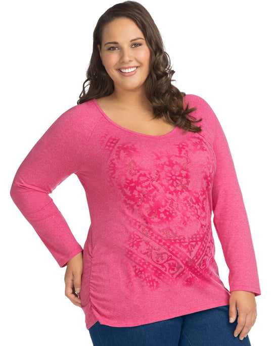 Just My Size Womens Long Sleeve Side Shirred Graphic Tee