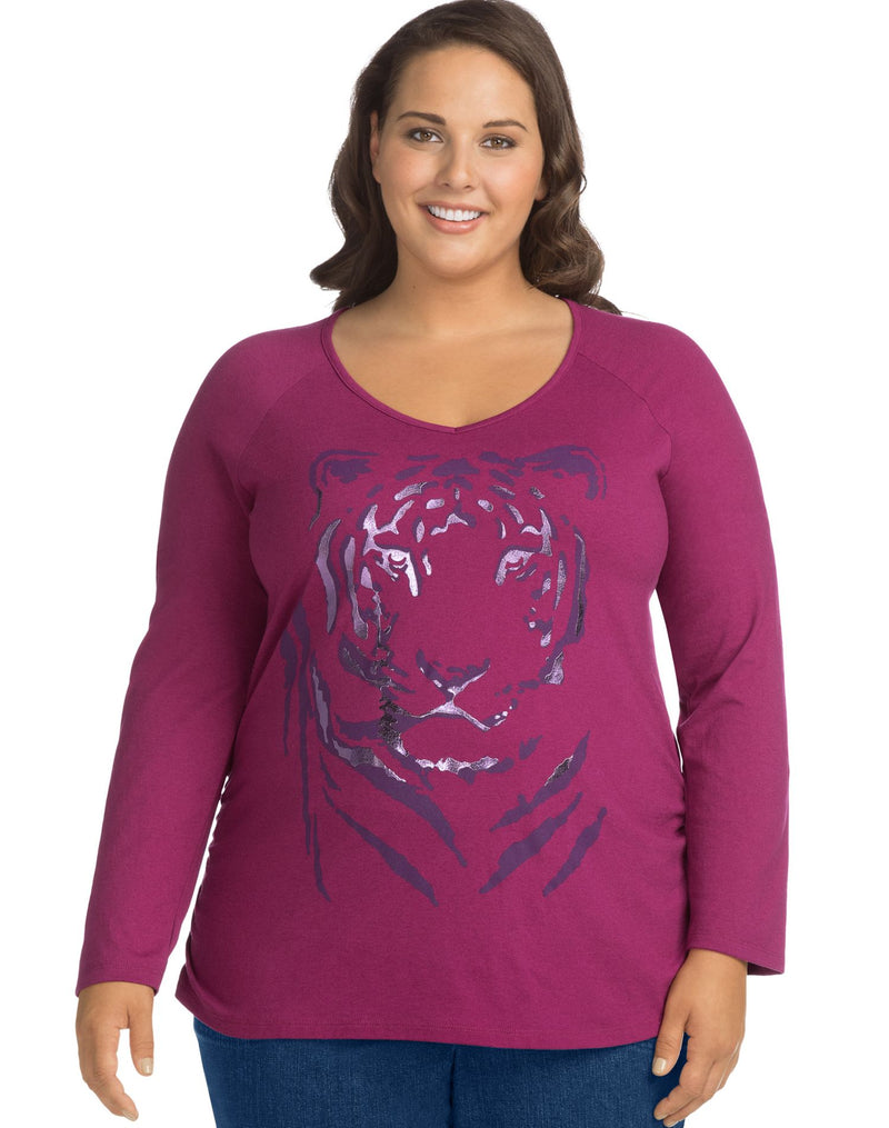 Just My Size Womens Long Sleeve Side Shirred Graphic Tee