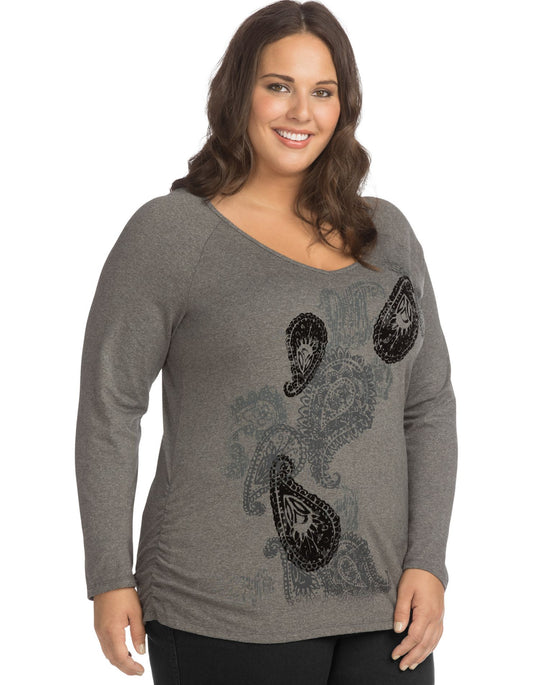 Just My Size Womens Long Sleeve Side Shirred Graphic Tee