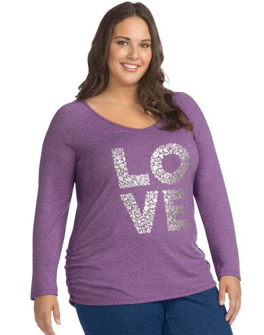 Just My Size Womens Long Sleeve Side Shirred Graphic Tee