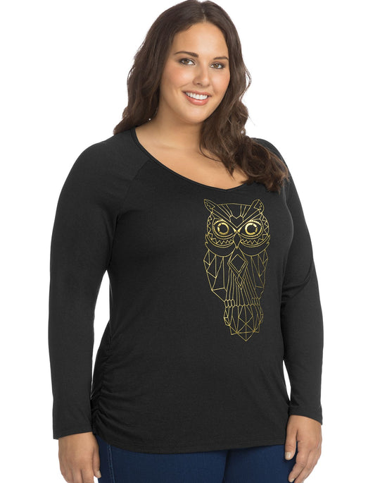 Just My Size Womens Long Sleeve Side Shirred Graphic Tee