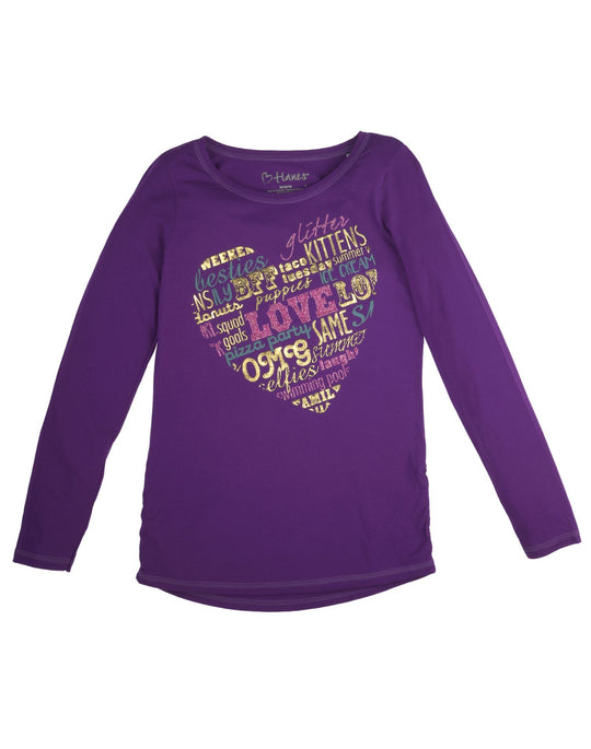 Hanes Girl`s Graphic Shirred Sideseam Long Sleeve Tee